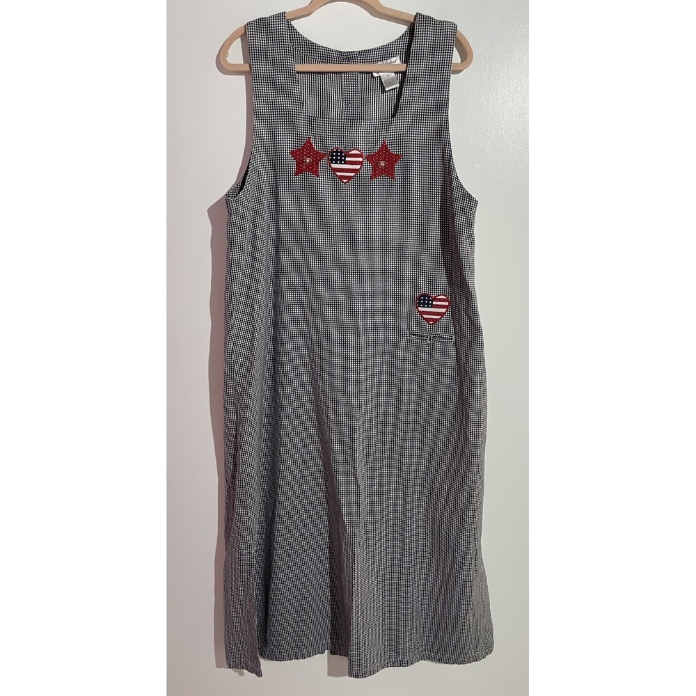 Vtg Christopher & Banks Pinafore Jumper Dress L 90s USA Flag 4th Americana Star